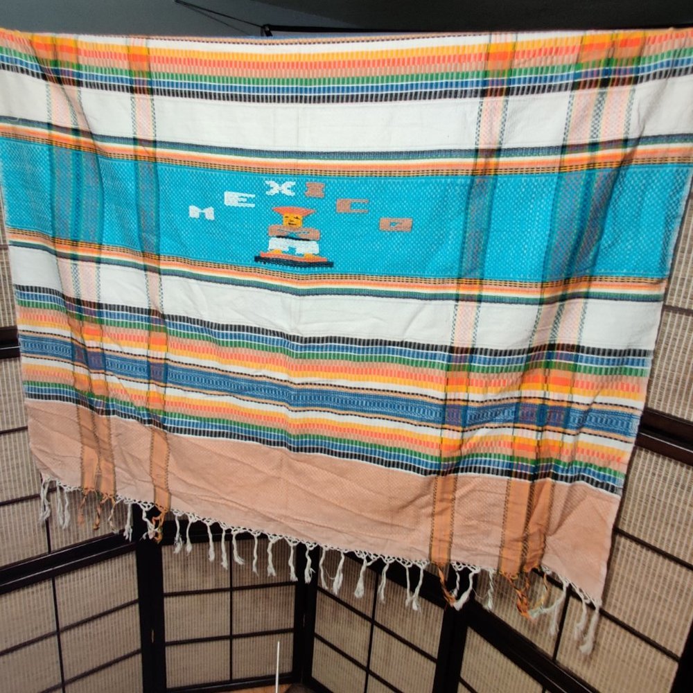 Vintage Handwoven Mexican Serape Blanket / Tablecloth - Boho Decor